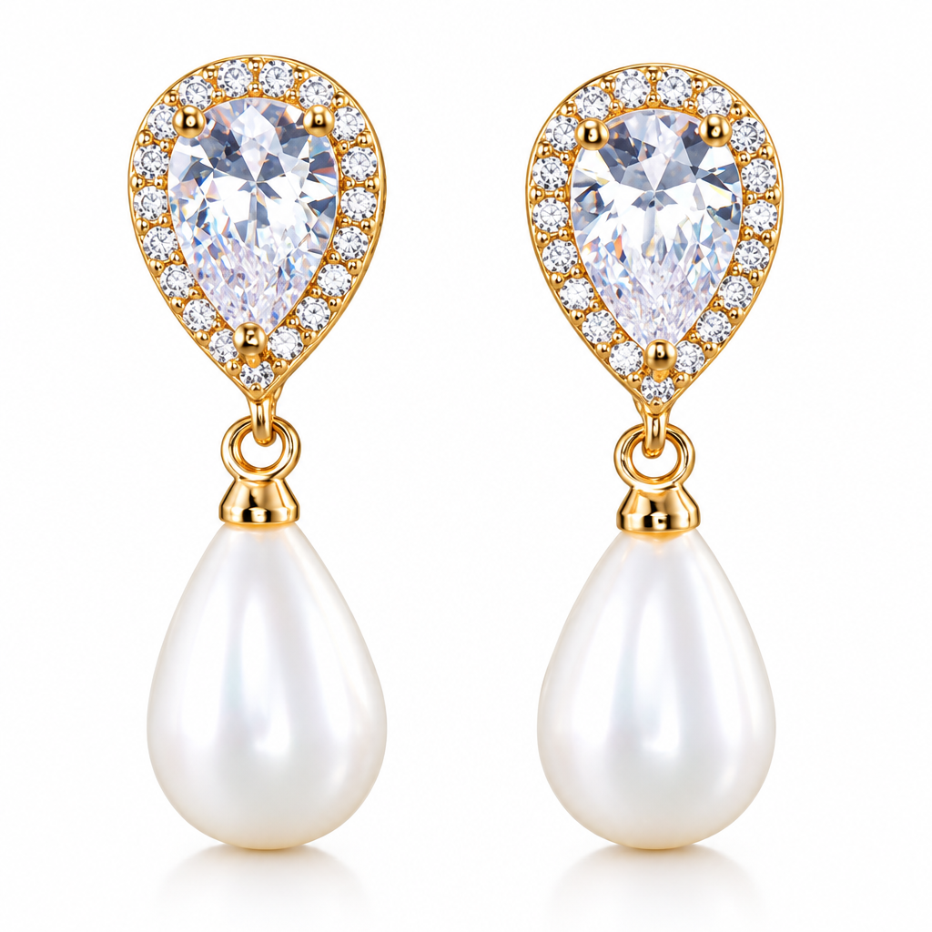 Brinco Noiva Zirconia E Pérola Dourado Delicado Luxo
