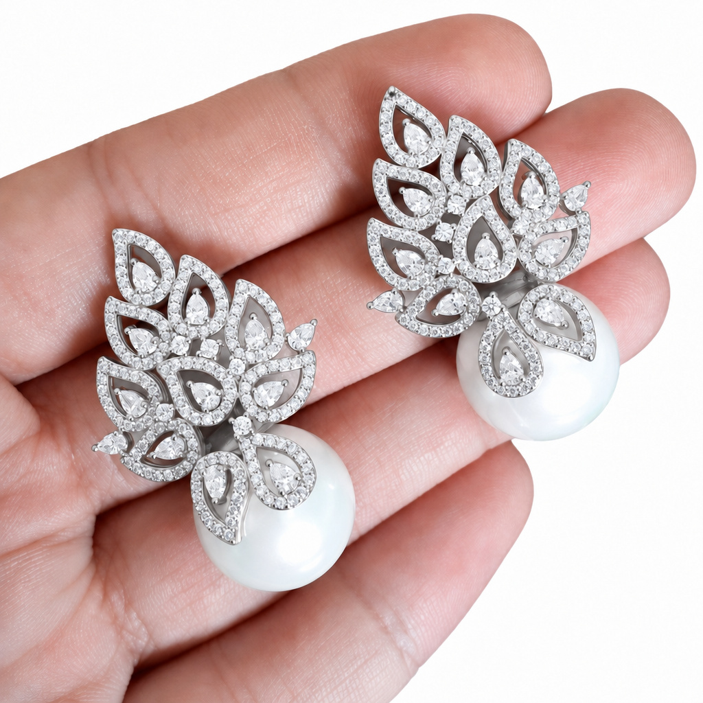 Brinco Noiva Zirconia E Pérola Prata Delicado Luxo