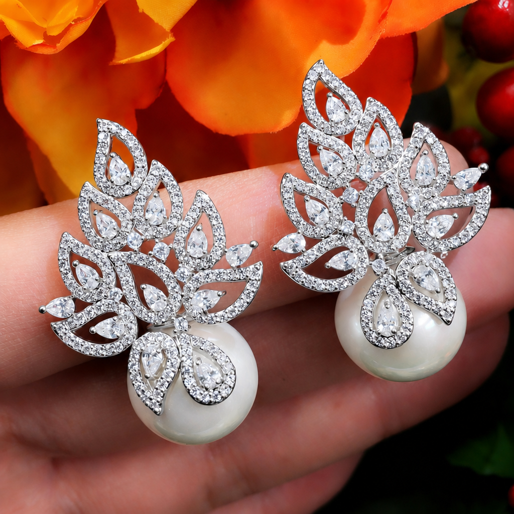 Brinco Noiva Zirconia E Pérola Prata Delicado Luxo