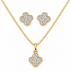 Conjunto Colar Brinco Trevo 4 Folhas Pedra Zircônia Semijoia
