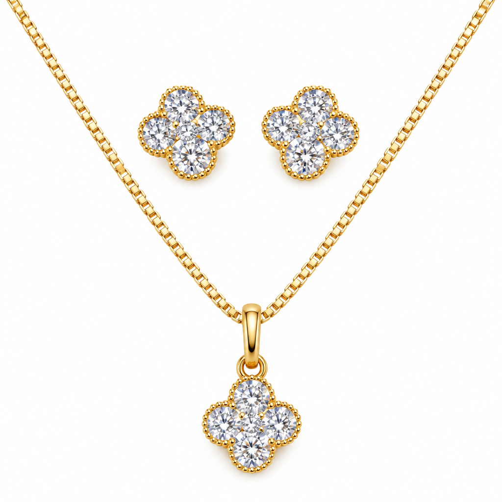 Conjunto Colar Brinco Trevo 4 Folhas Pedra Zircônia Semijoia
