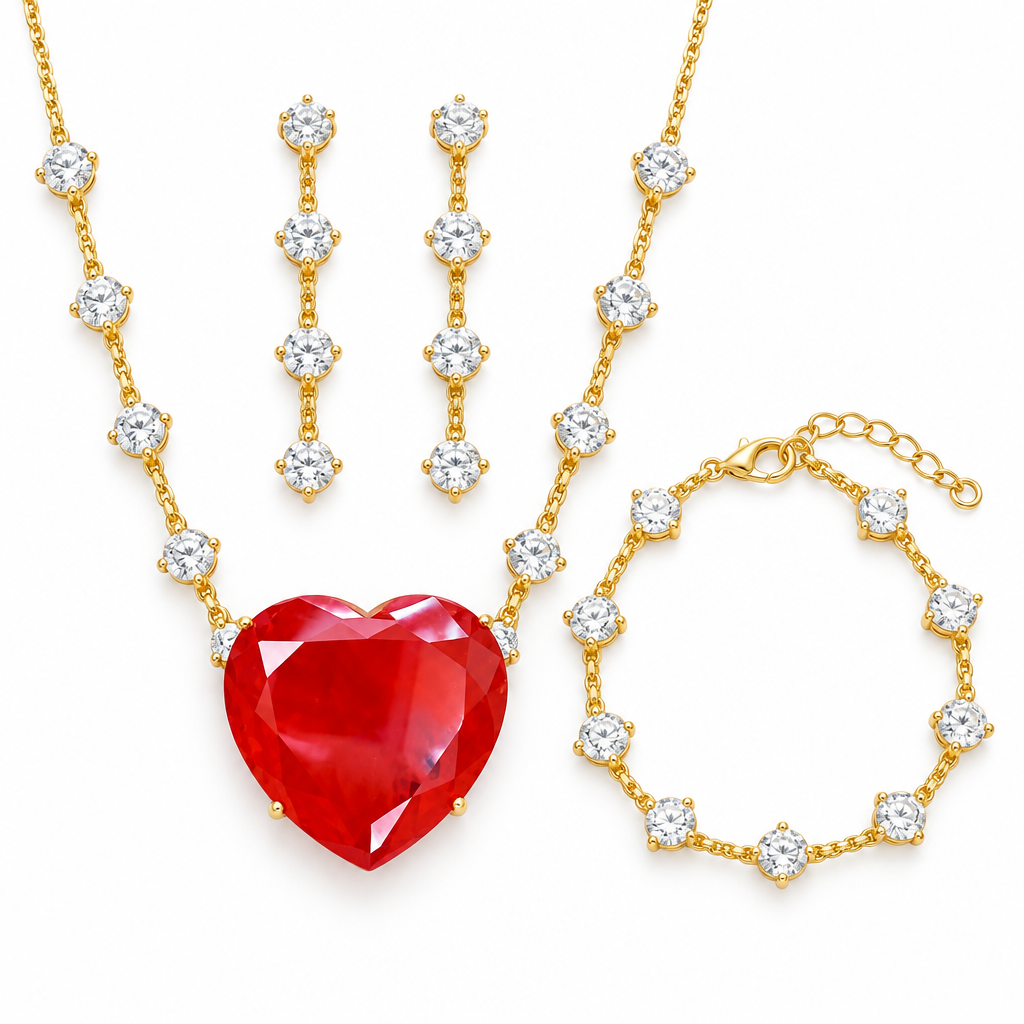 Conjunto Colar Brinco Pulseira Pedra Coração Vermelho