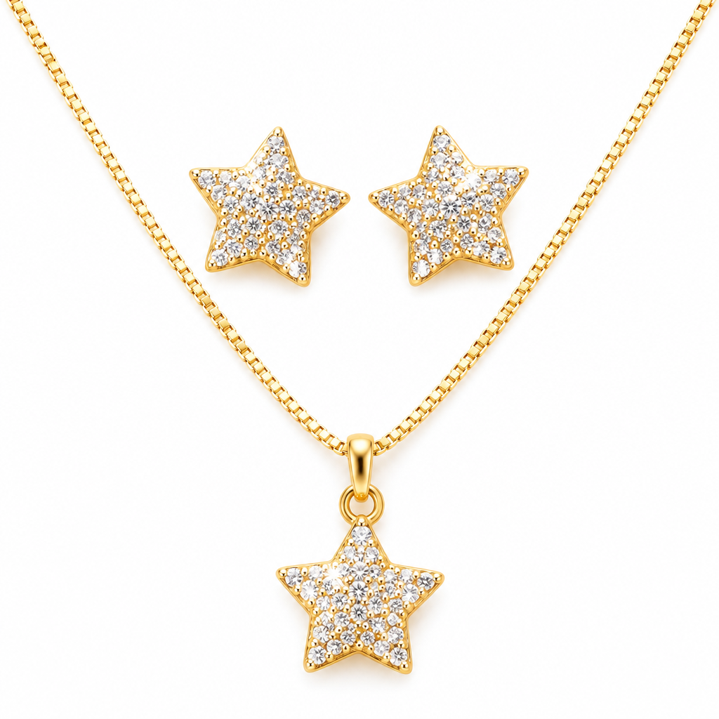 Conjunto Colar E Brinco Pedra Zirconia Estrela Banhado Ouro
