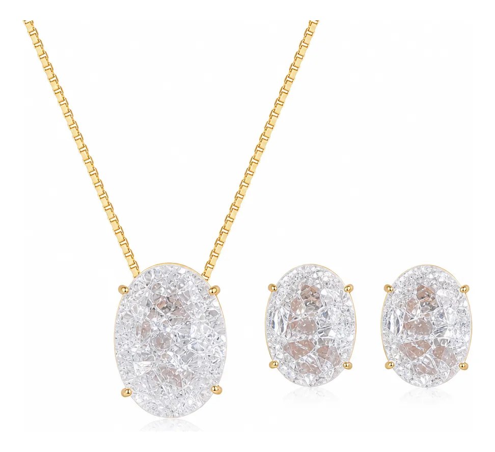 Conjunto Colar E Brinco Zirconia Fusion Tiffan Oval Verde