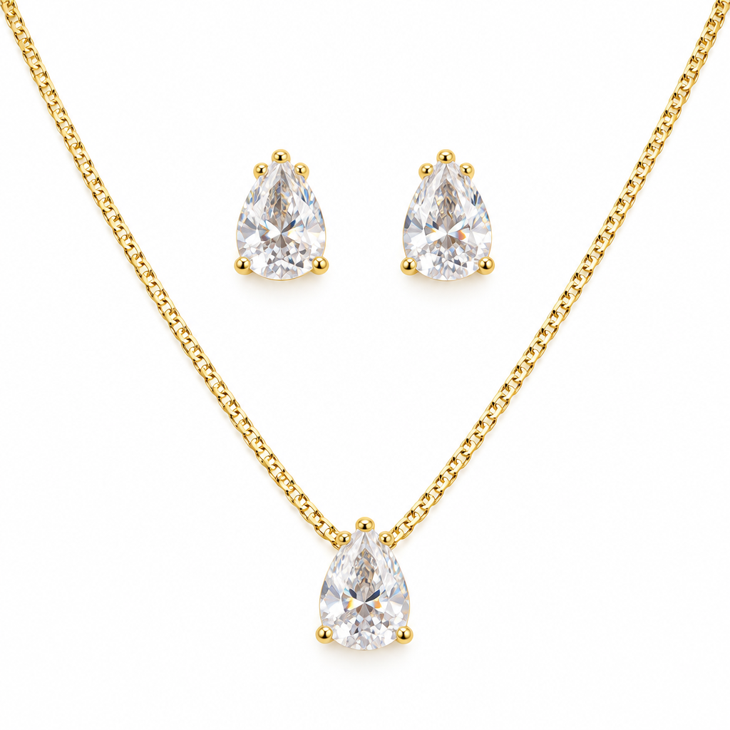 Conjunto Colar Brinco Dama Daminha Gota Pedra Zirconia Luxo