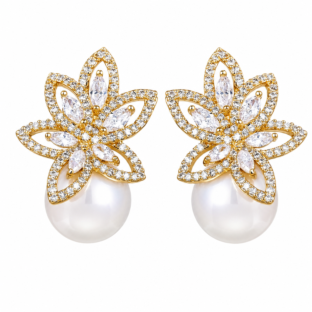 Brinco Zirconia E Pérola Noiva Pequeno Dourado Festa Luxo