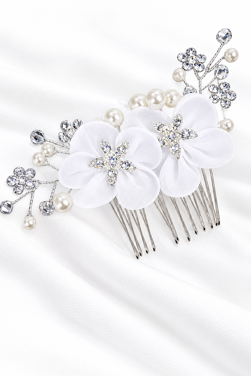 Arranjo Cabelo Noiva Flor Tecido Branco Prata Strass Pérola