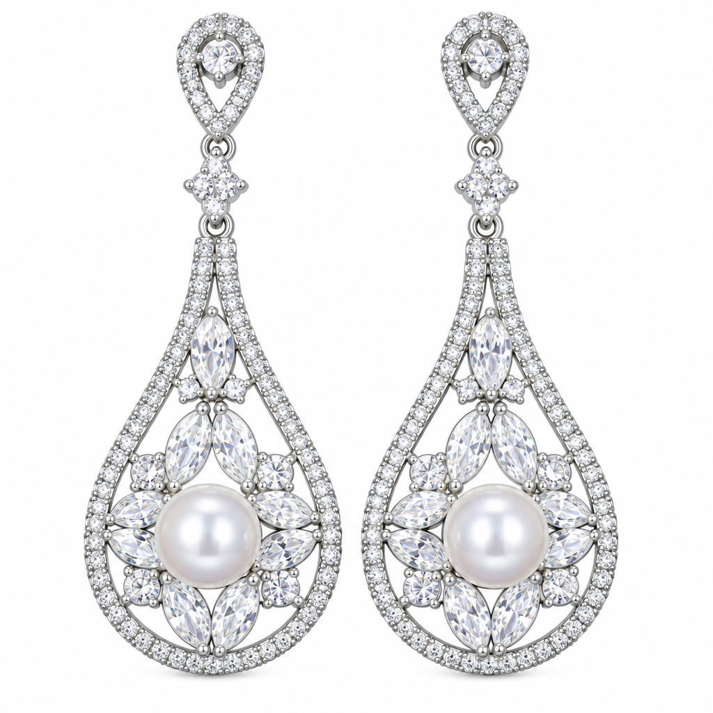 Brinco Noiva Zirconia E Perola Prata Festa Debutante Gota