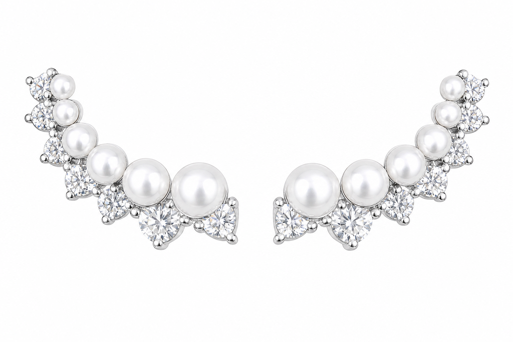 Brinco Ear Cuff Noiva Zirconia Perola Prata Festa Debutante