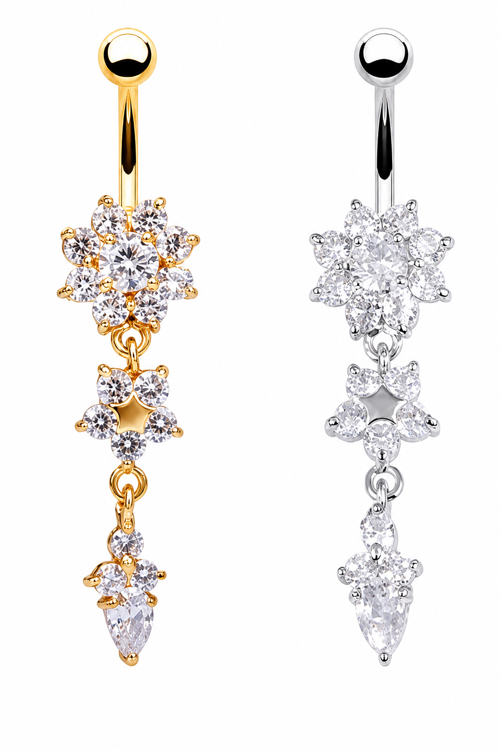 Piercing De Umbigo Pendurado Dourado Ou Prata Flor Zirconia