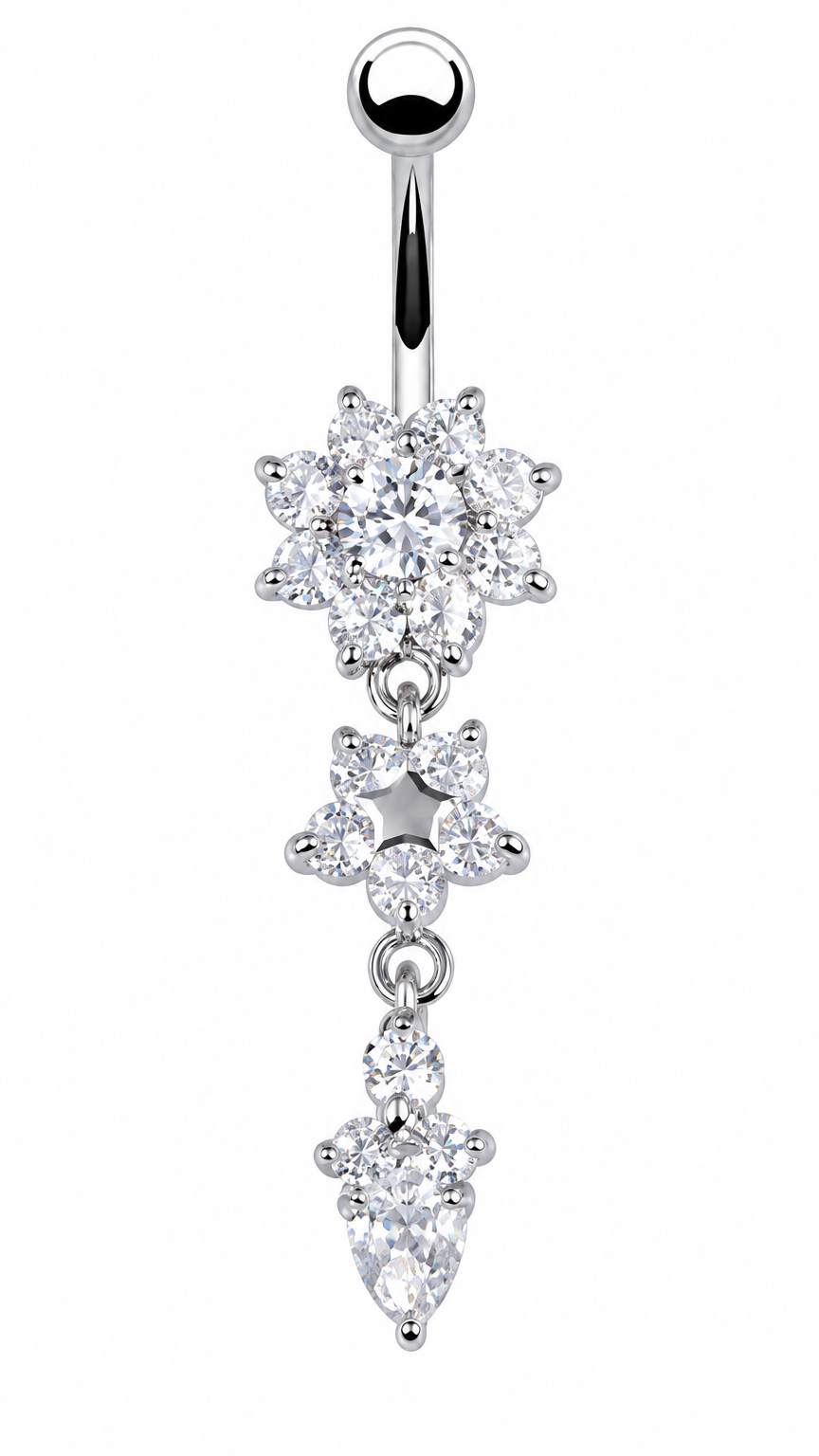 Piercing De Umbigo Pendurado Dourado Ou Prata Flor Zirconia