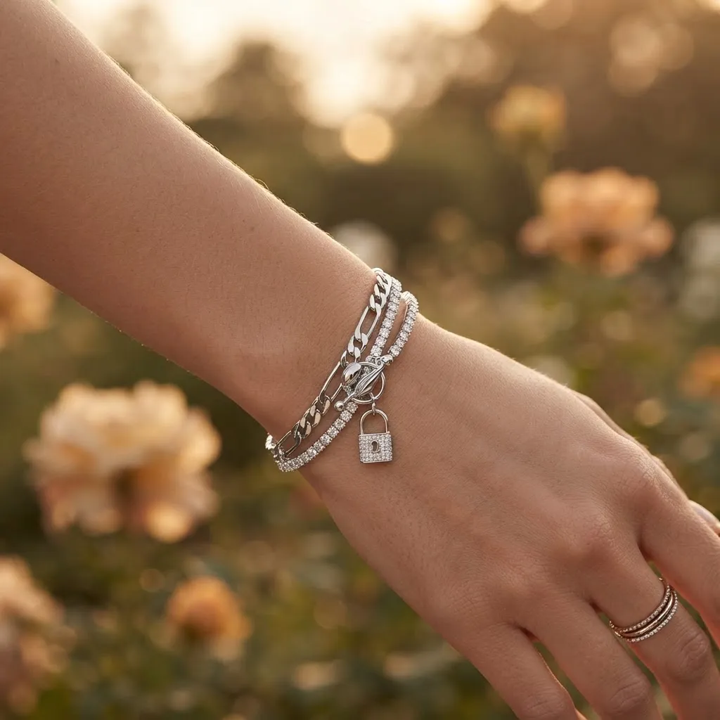Pulseira Bracelete Prata Cadeado Pedra Zircônia Riviera