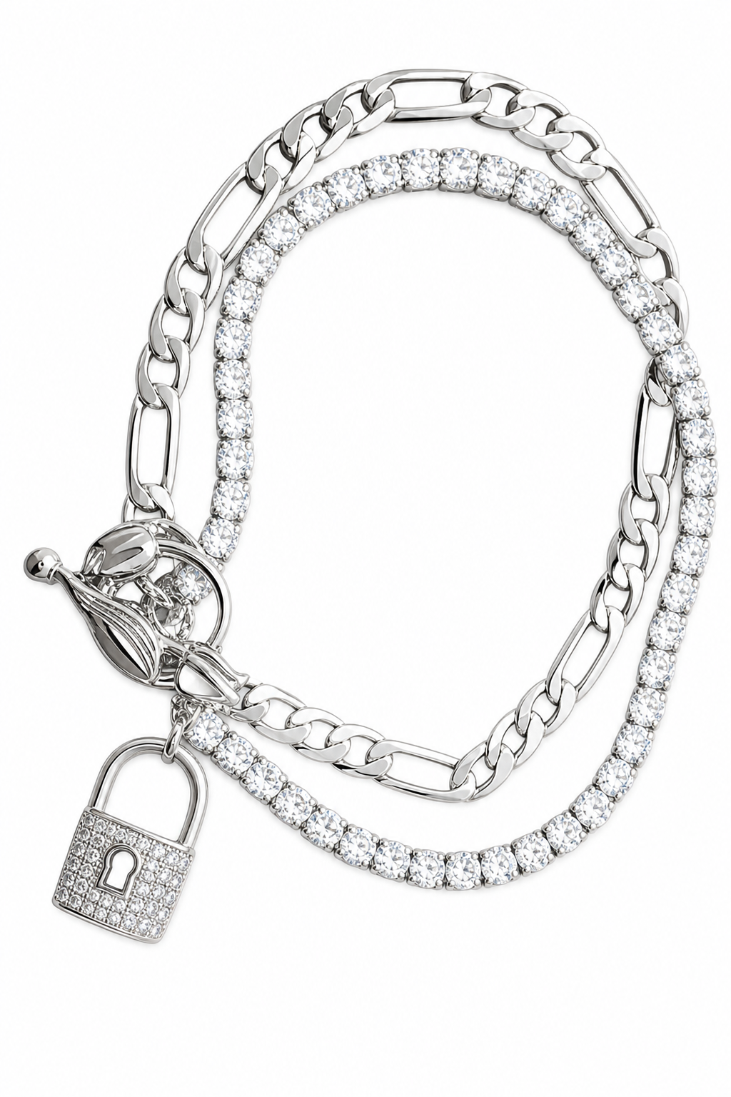 Pulseira Bracelete Prata Cadeado Pedra Zircônia Riviera