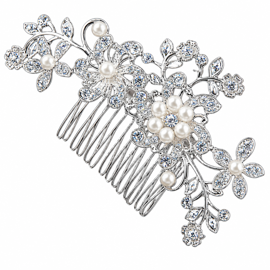 Arranjo Enfeite Cabelo Noiva Prata Strass Perola