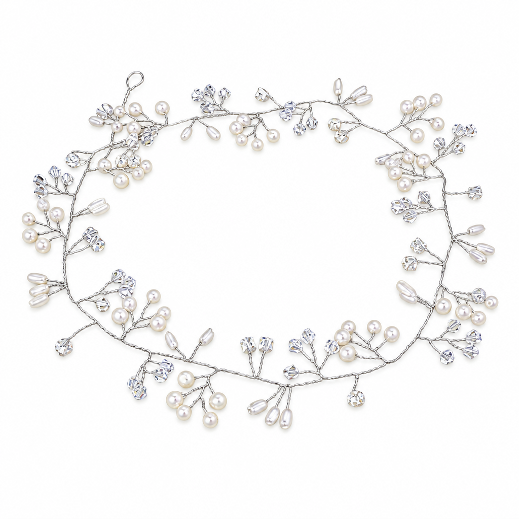Tiara Arranjo Cabelo Noiva Pérola Fio Strass Dourado Prata - 50 cm