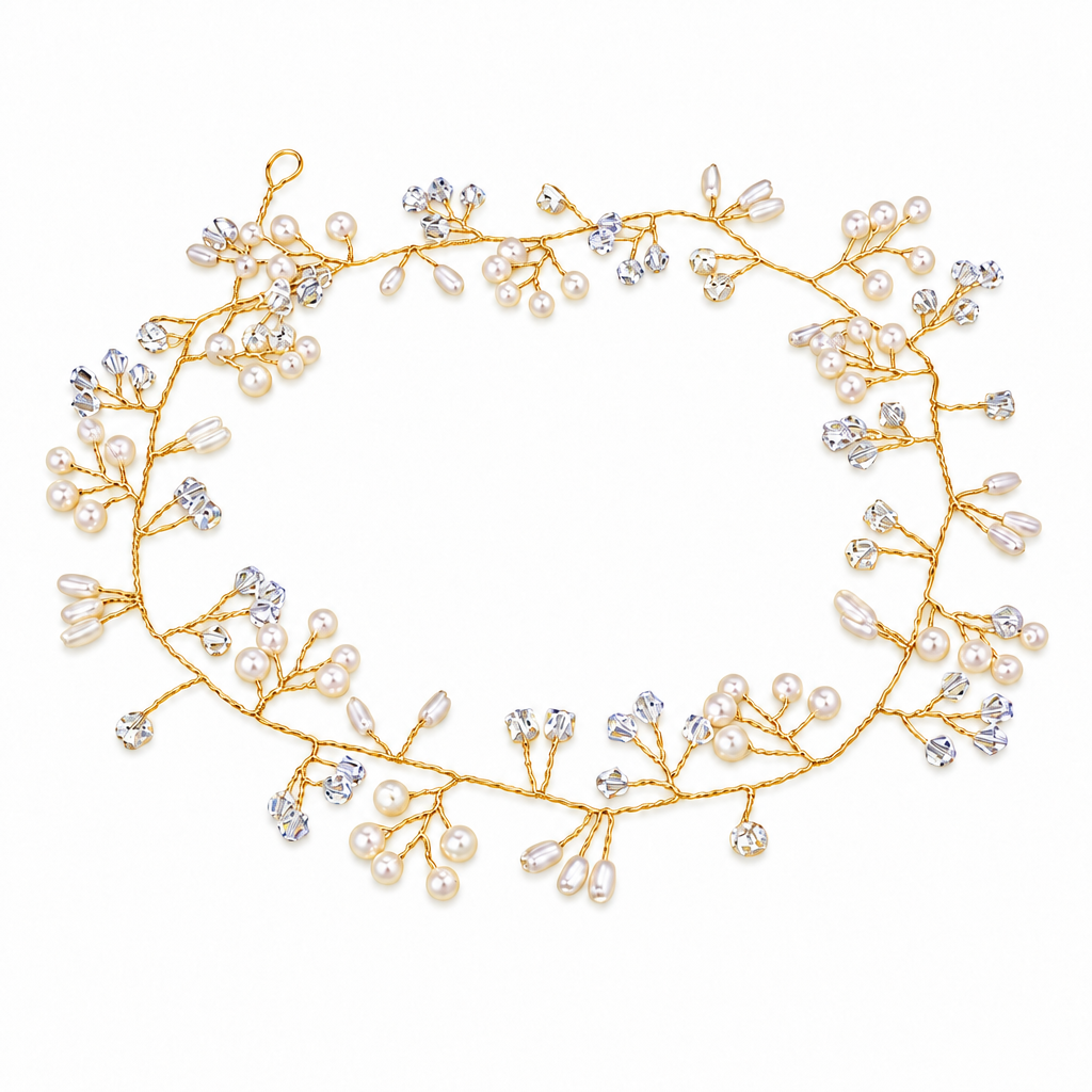 Tiara Arranjo Cabelo Noiva Pérola Fio Strass Dourado Prata - 50 cm