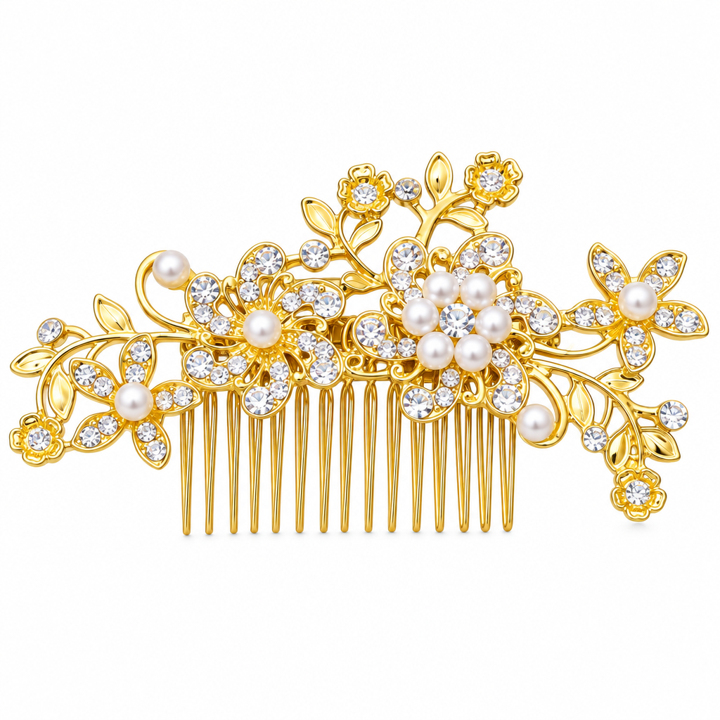 Arranjo Enfeite Aplique Cabelo Noiva Dourado Strass Perola