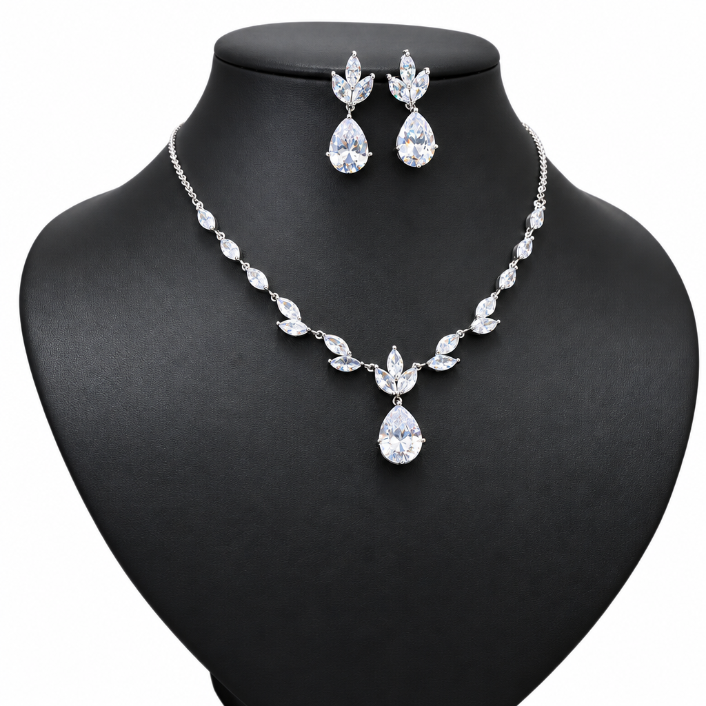 Conjunto Colar Brinco Noiva Pedra Zirconia Prata Gota Festa
