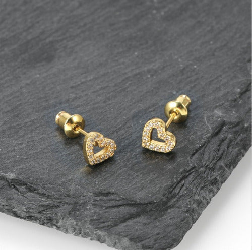Brinco Infantil Coração Pedra Zirconia Dourado Prata 2 Furo