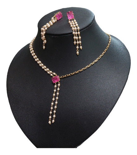 Conjunto Colar E Brinco Zircônia Pérola Rosa Lilás Festa
