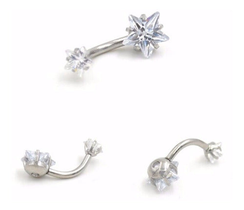 Piercing De Umbigo Prata 2 Estrela Aço Cirúrgico Zircônia