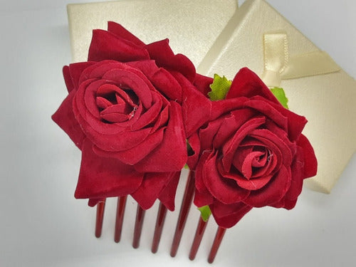 Enfeite Arranjo Cabelo Noiva Flor Dupla Tecido Rosa Vermelha