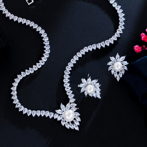 Colar Chocker Riviera Gota E Brinco Zircônia E Pérola Noiva