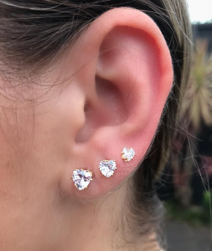 Trio Brinco Pedra Zirconia Coração F Ouro Dourado Folheado