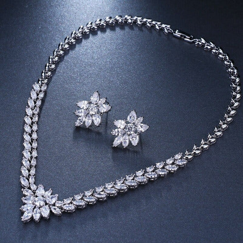 Conjunto Colar E Brinco Noiva Zircônia Prata Festa Debutante
