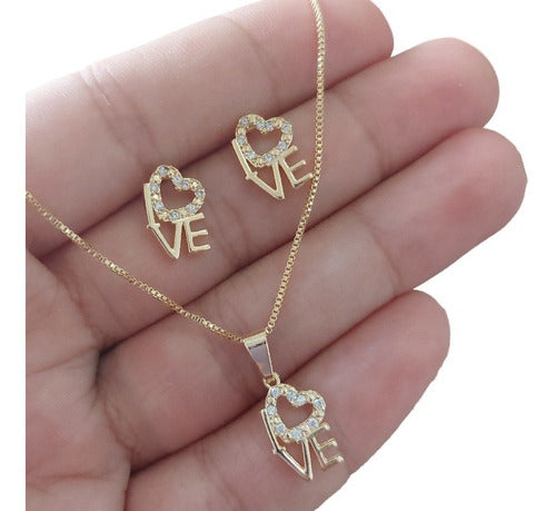 Conjunto Colar E Brinco Love Coração Pedra Folheado Amor