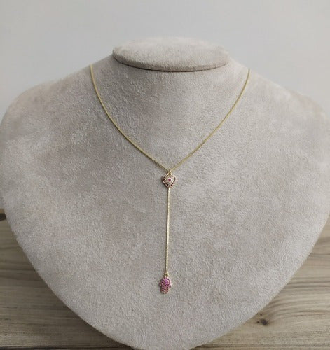Colar Gravatinha Zirconia Prata Mão De Fátima Rubi Vermelho