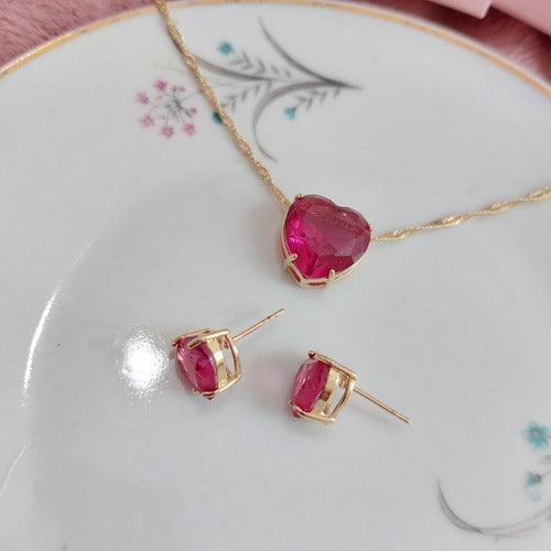 Conjunto Colar E Brinco Coração Pedra Vermelho Marsala