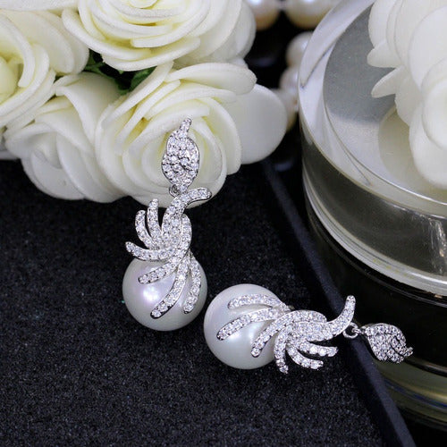Brinco Noiva Zirconia E Pérola Prata Delicado Luxo