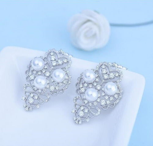 Brinco Noiva Zirconia Perola Pendurado Prata Delicado Festa