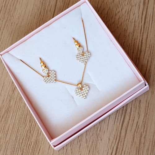 Conjunto Colar E Brinco Pedra Zirconia Coração Folheado Ouro