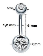 Piercing Umbigo 2 Pedras Aço Cirúrgico Haste De 6 8 10 Mm