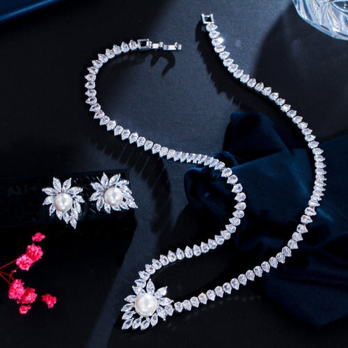 Colar Chocker Riviera Gota E Brinco Zircônia E Pérola Noiva