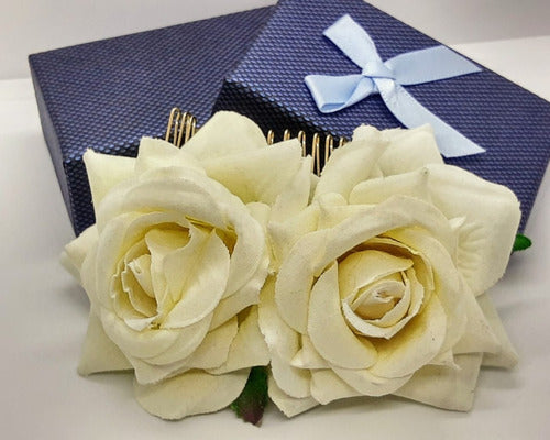 Enfeite Arranjo Cabelo Noiva Flor Dupla Tecido Rosa Vermelha