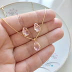 Conjunto Colar E Brinco Gota Rosa Pedra Zirconia Folheado
