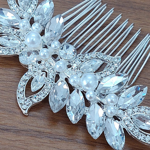 Arranjo Enfeite Cabelo Noiva Prata Strass Perola