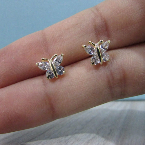 Brinco Zirconia Dourado Dama Daminha Folheado Ouro Borboleta