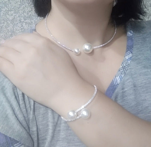 Colar Chocker E Pulseira Riviera Strass Pérola Noiva Festa
