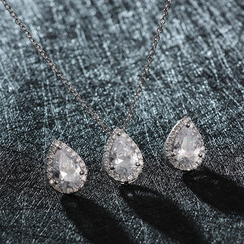 Conjunto Colar Brinco Noiva Pedra Zirconia Prata Dourad Gota