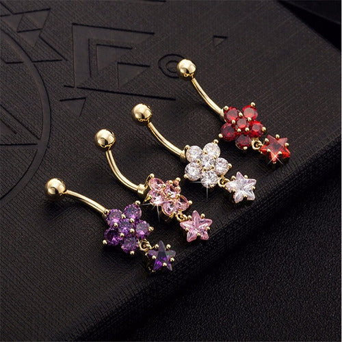 Piercing De Umbigo Dourado Flor Estrela Folheado Zirconia
