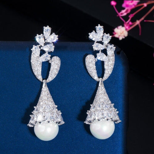 Brinco Pérola Zirconia Noiva Prata Pendurado Festa Madrinha