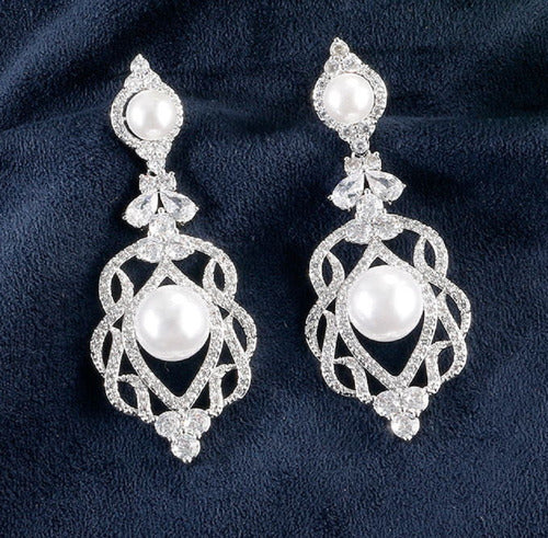 Brinco Noiva Zirconia Perola Pendurado Prata Festa Delicado