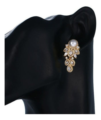 Brinco Noiva Zirconia Perola Pendurado Dourado Festa Joia