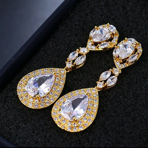 Brinco Noiva Zirconia Dourado Gota Pendurado Festa Debutante