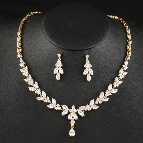 Colar E Brinco Noiva Zircônia Dourado Festa Debutante Luxo