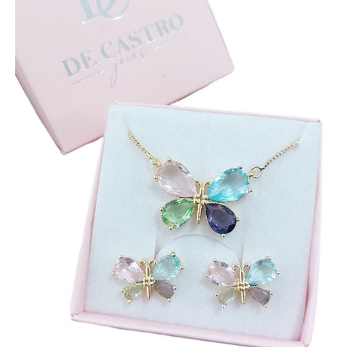 Colar Brinco Borboleta Pedra Zirconia Colorido Banhado Ouro